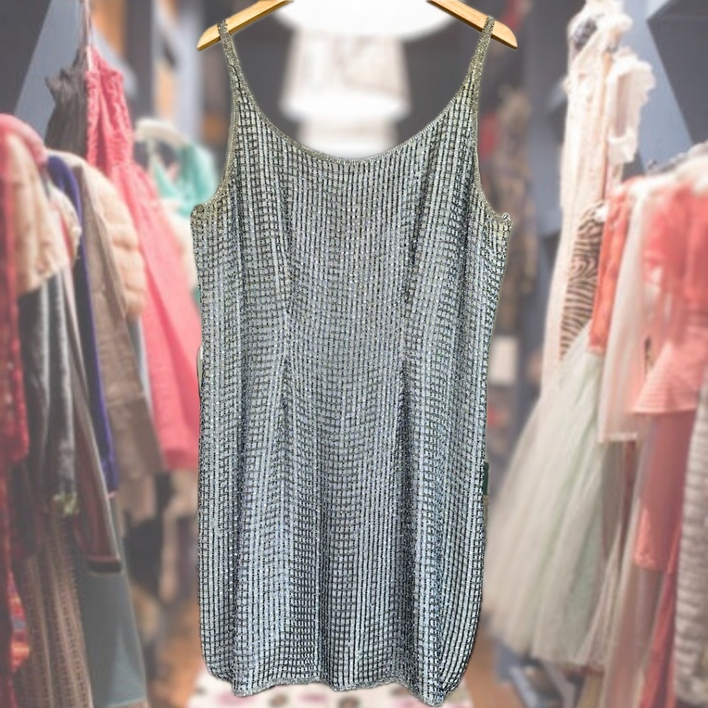 Silver Hand Beaded Silk Dress Size 1X Vintage Drag Queen